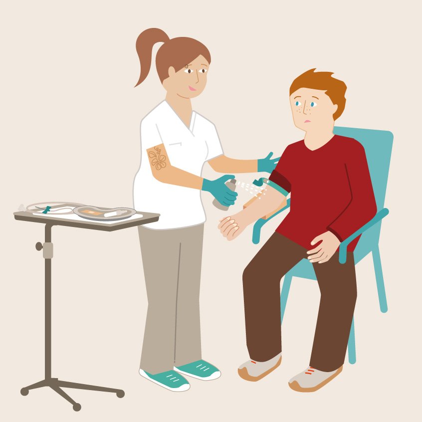 Die Grafik zeigt eine Fach-Kraft, die vor der Blutabnahme den Arm eines Patienten mit Spray desinfiziert.