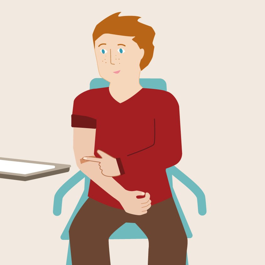 Die Grafik zeigt einen Patienten nach der Blutabnahme, der mit dem Finger auf das Pflaster an der Einstichstelle drückt.